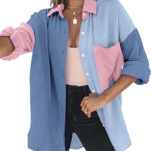 NWOT Womens Color Block Button Down Shirts Long Sleeve Oversized Blouse
